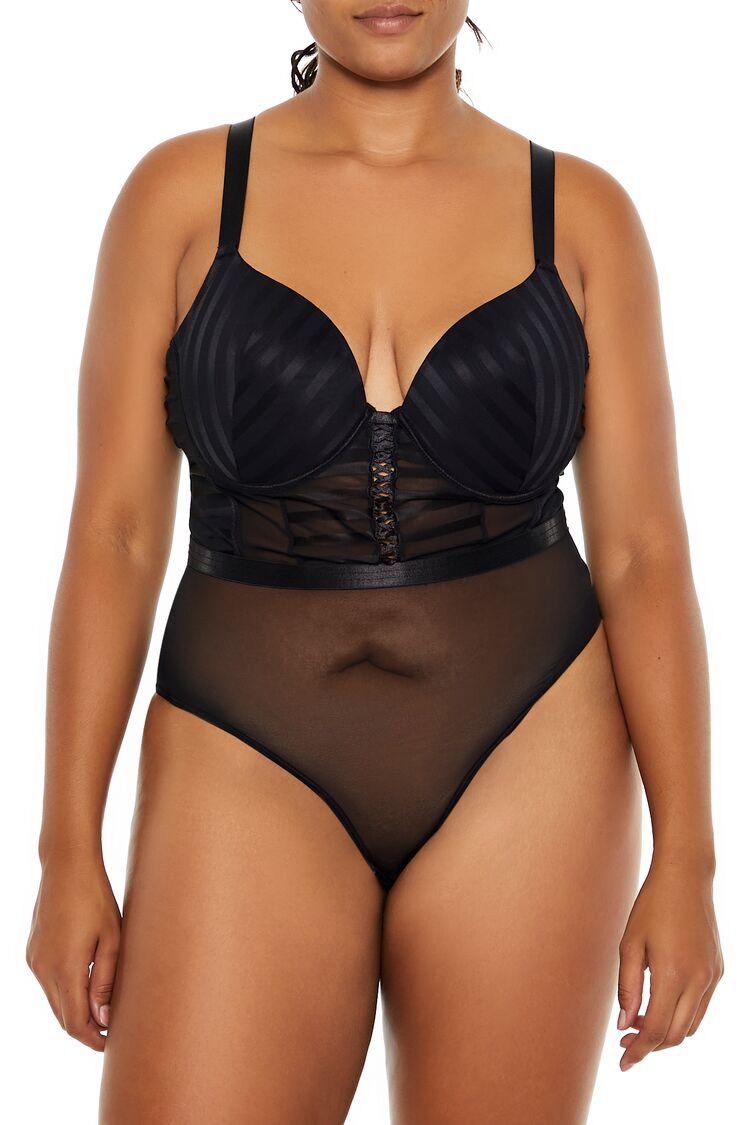  Forever 21 Plus Size Sheer Striped Bodysuit - black - Bonton