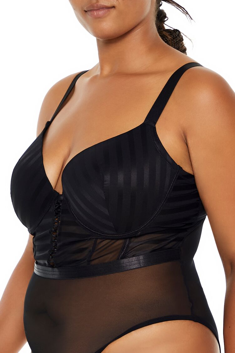  Forever 21 Plus Size Sheer Striped Bodysuit - black - Bonton
