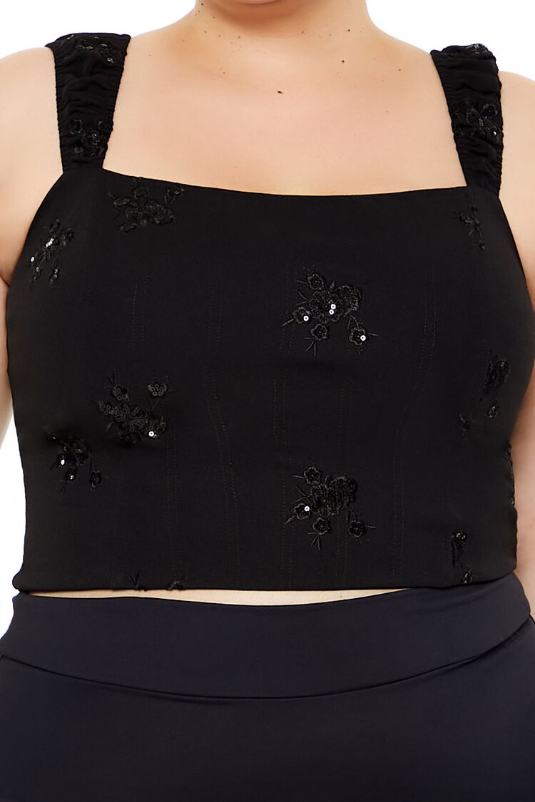  Forever 21 Plus Size Flower Sequin Crop Top - black - Bonton