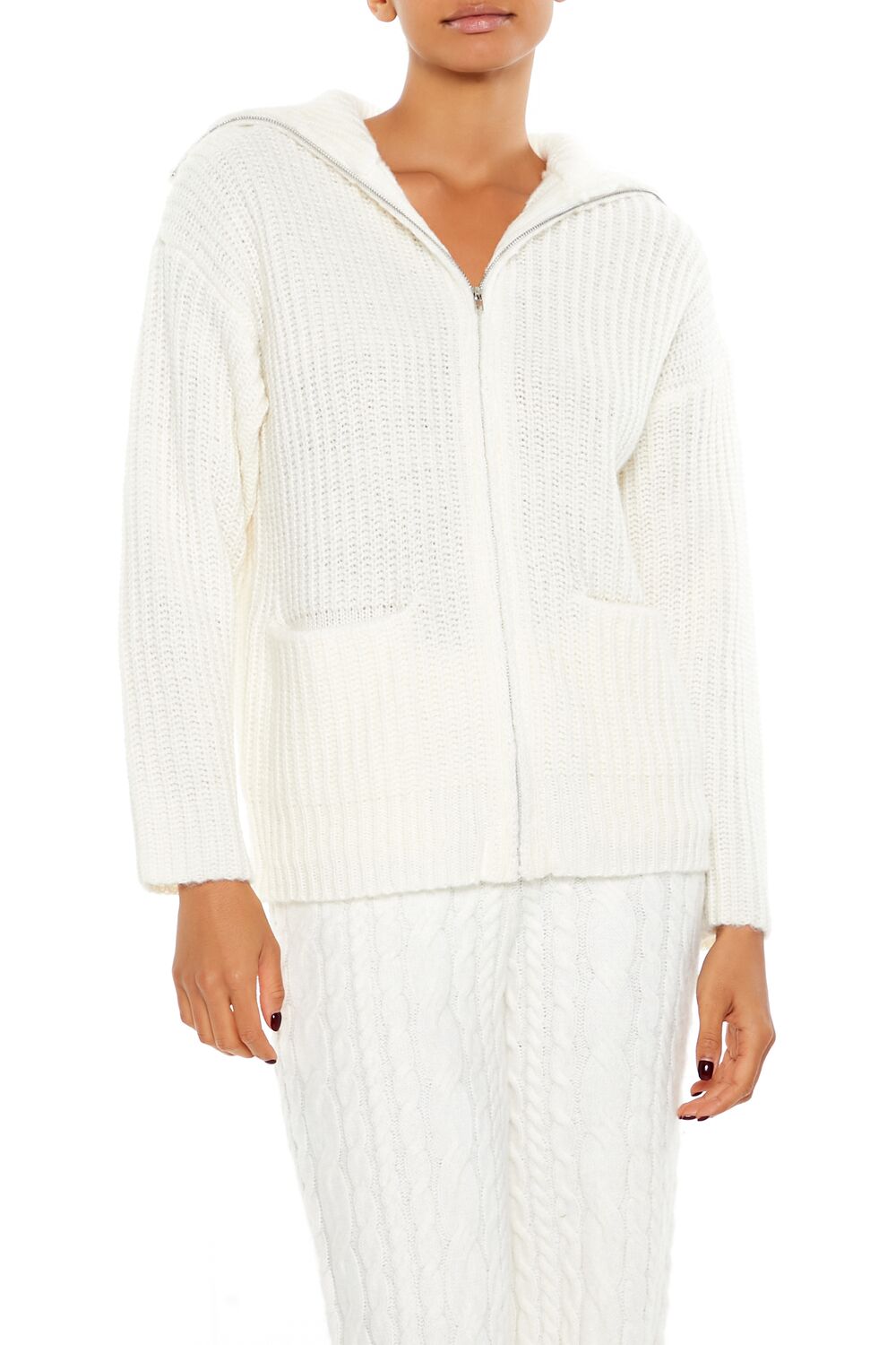  Forever 21 Ribbed Knit Zip-Up Sweater - white - Bonton