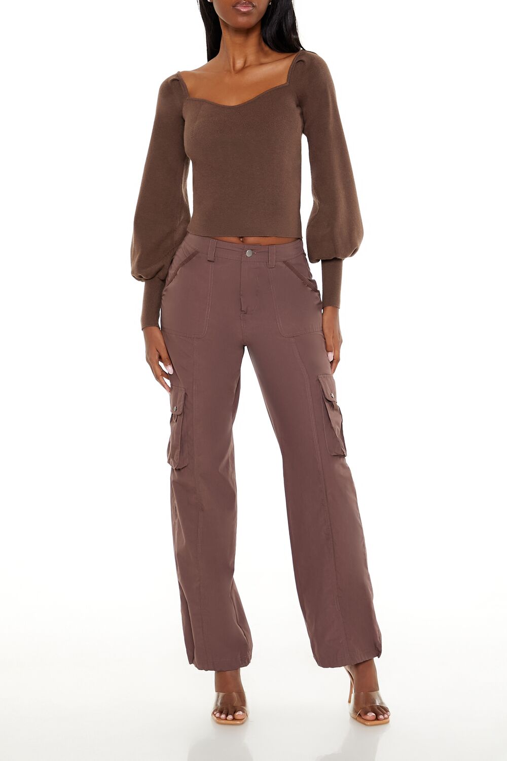  Forever 21 Gigot-Sleeve Sweater-Knit Crop Top - espresso - Bonton