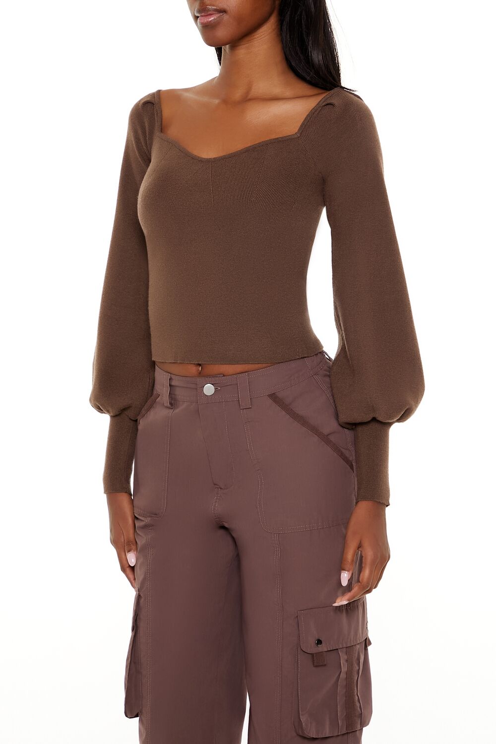  Forever 21 Gigot-Sleeve Sweater-Knit Crop Top - espresso - Bonton