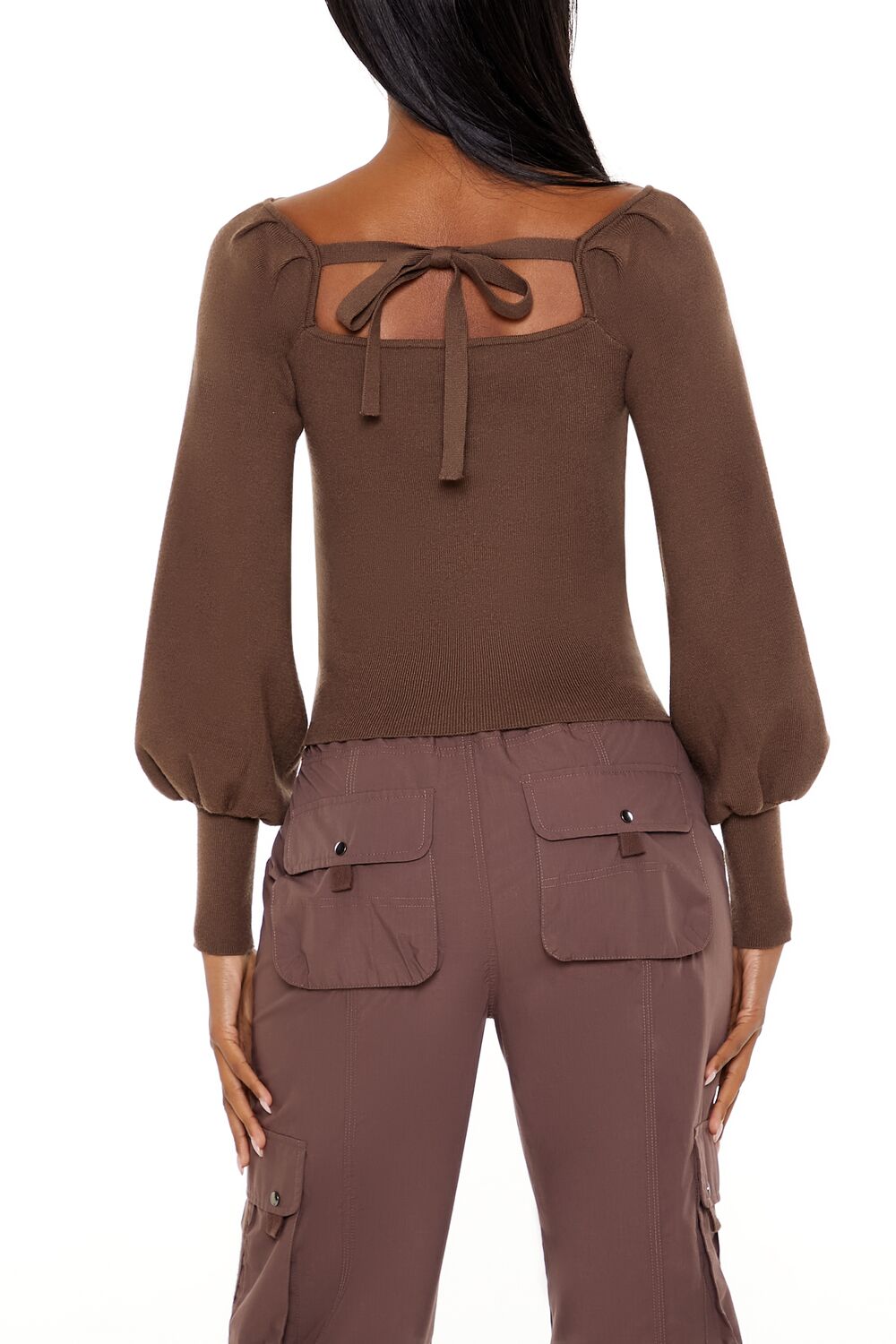  Forever 21 Gigot-Sleeve Sweater-Knit Crop Top - espresso - Bonton