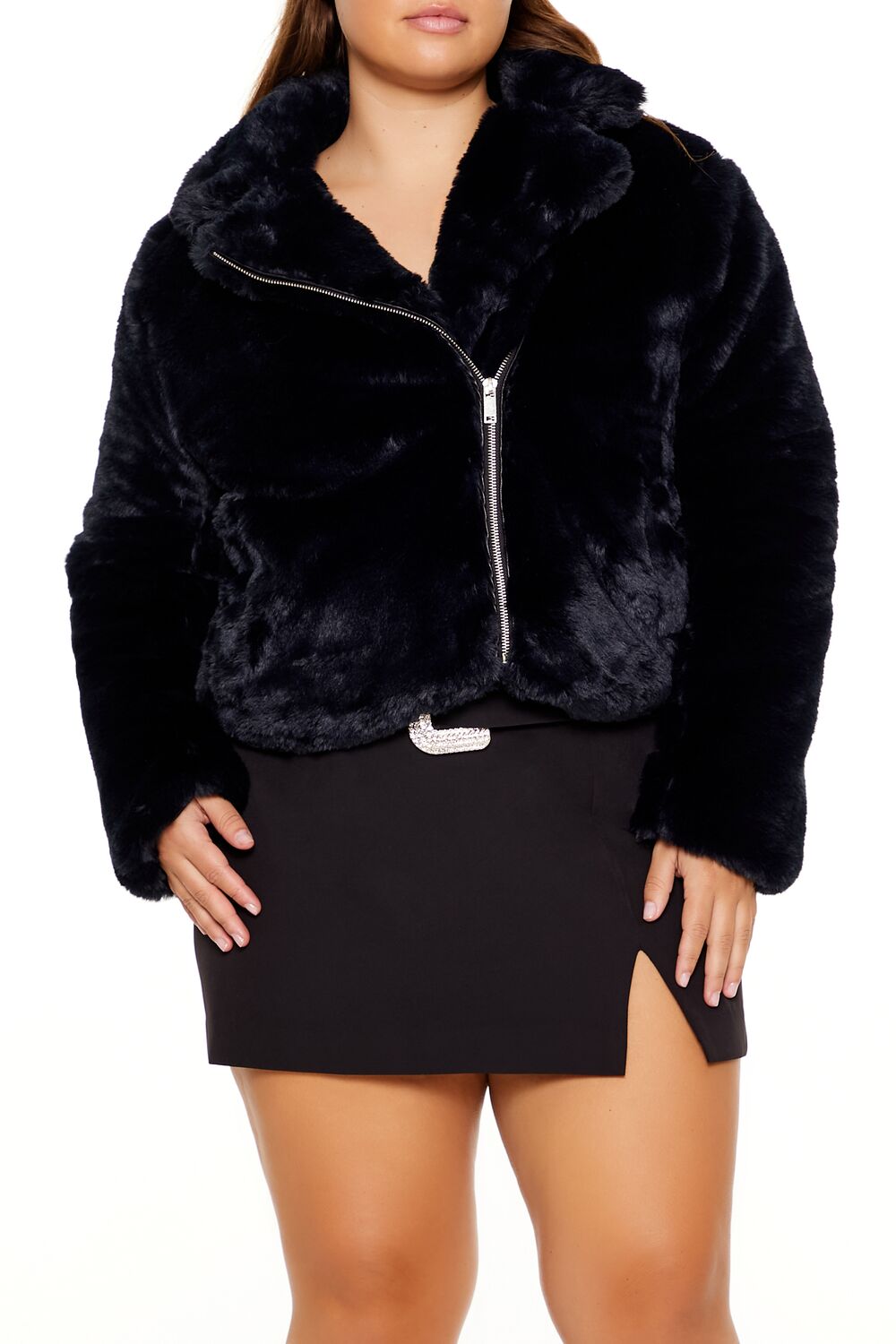  Forever 21 Plus Size Notched Faux Fur Coat - black-swatch - Bonton