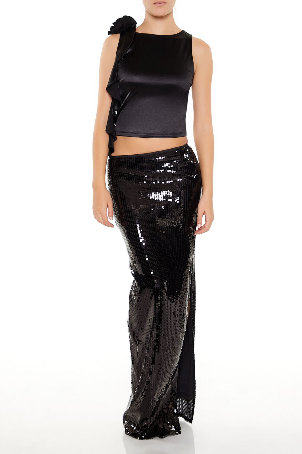  Forever 21 Satin Rosette Sash Crop Top - black - Bonton