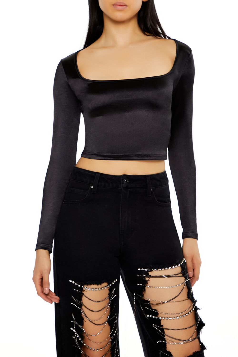  Forever 21 Satin Square-Cut Crop Top - black - Bonton