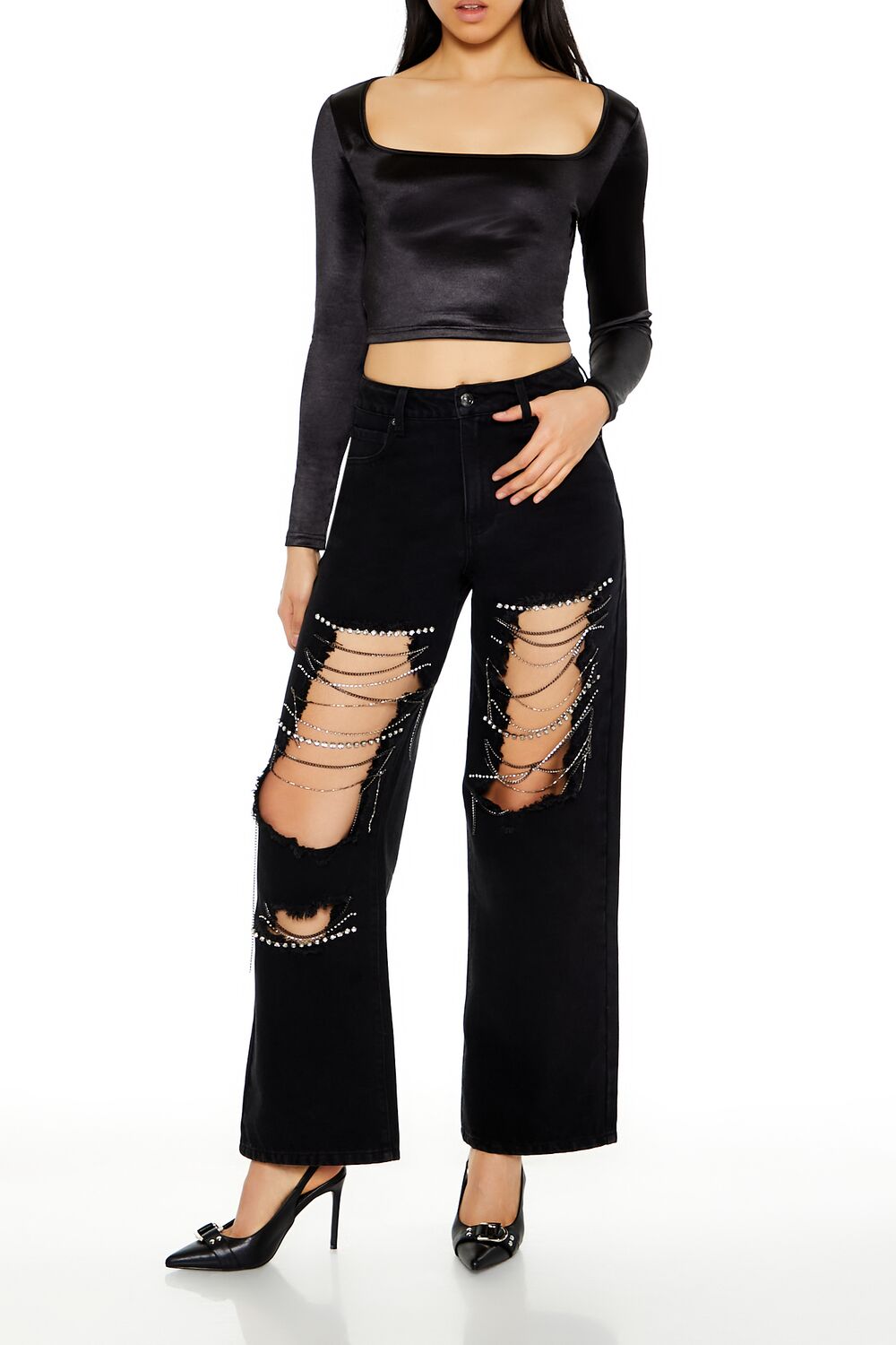  Forever 21 Satin Square-Cut Crop Top - black - Bonton