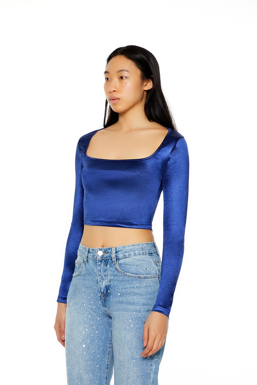  Forever 21 Satin Square-Cut Crop Top - black - Bonton