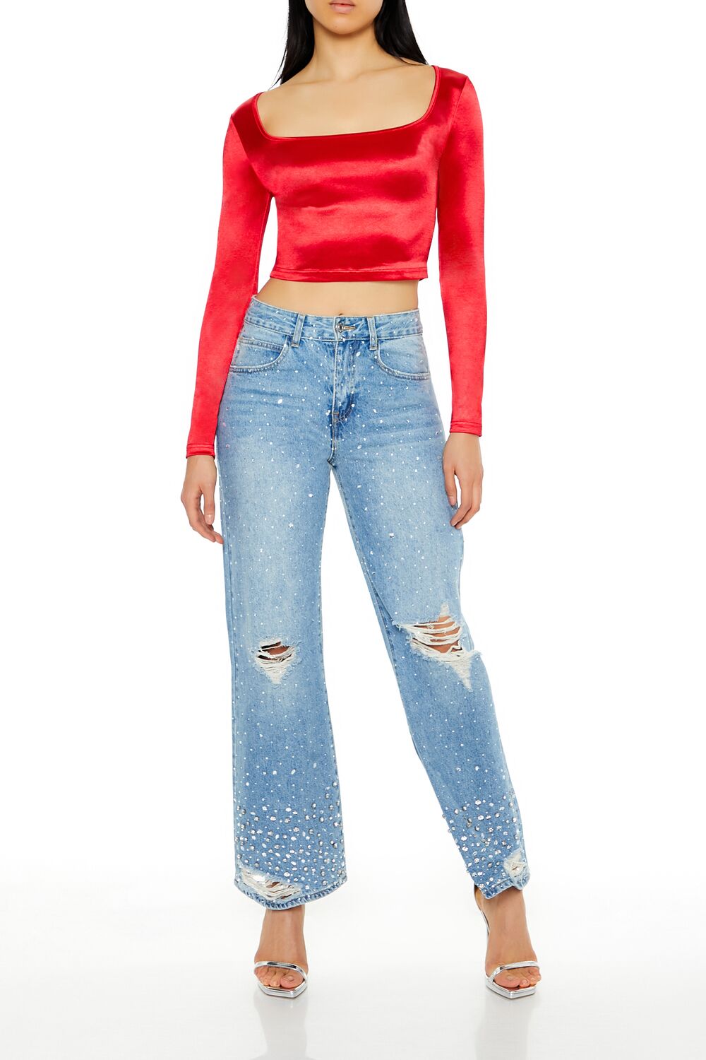  Forever 21 Satin Square-Cut Crop Top - black - Bonton