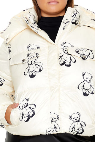 Plus Size Teddy Bear Print Puffer Jacket