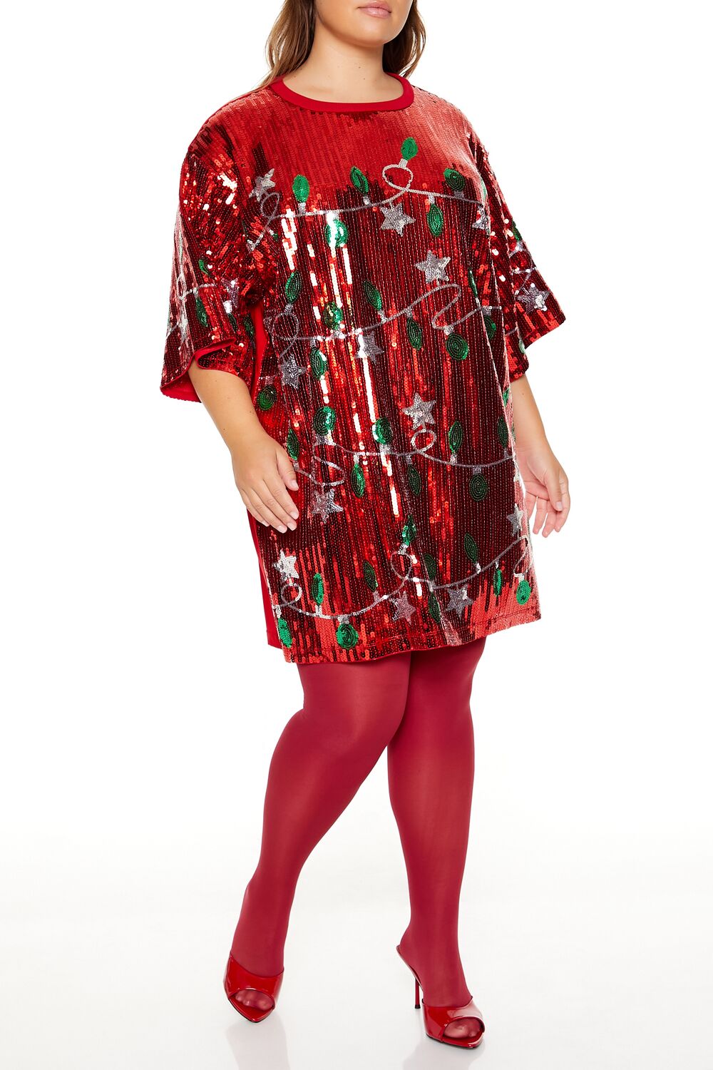 Forever 21 Plus Size Sequin Christmas Lights T-Shirt Dress - red-multi - Bonton