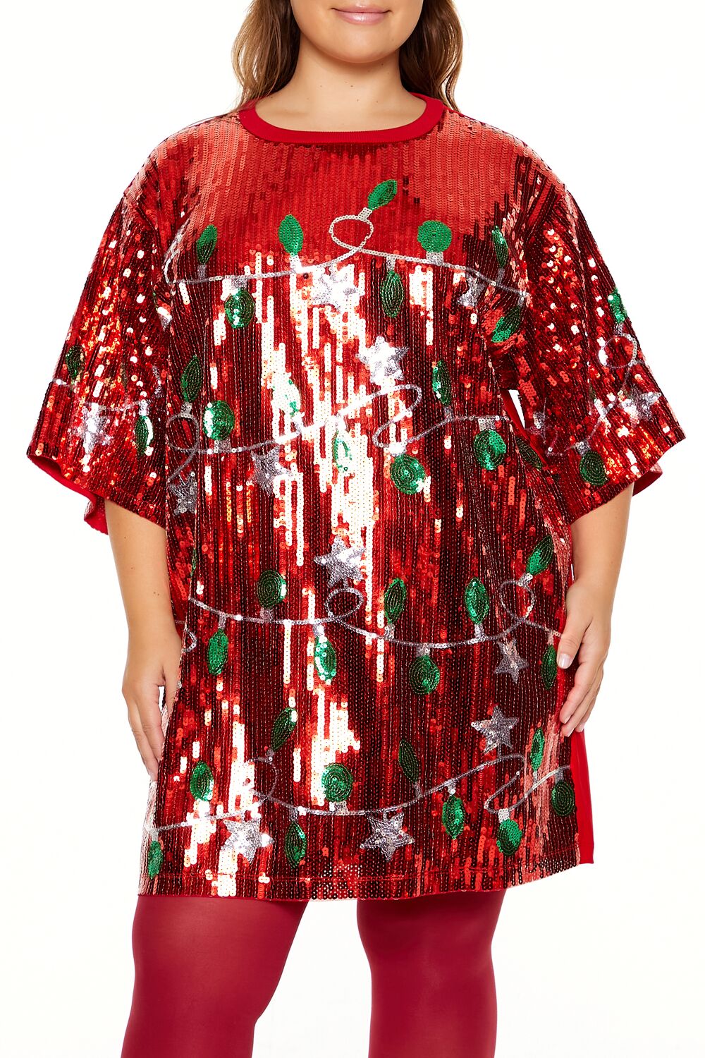 Forever 21 Plus Size Sequin Christmas Lights T-Shirt Dress - red-multi Bonton Forever 21 Plus Size Sequin Christmas Lights T-Shirt Dress - red-multi Bonton