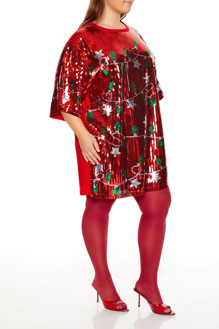 Plus Size Sequin Christmas Lights T-Shirt Dress | Size: 0X/1X by Bonton Plus Size Sequin Christmas Lights T-Shirt Dress | Size: 0X/1X by Bonton