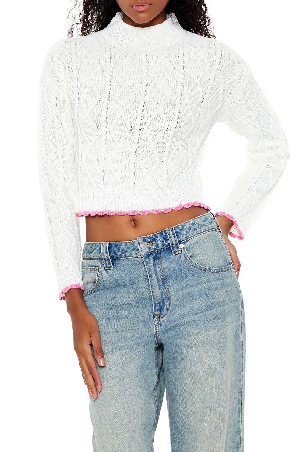  Forever 21 Scalloped Cable Knit Sweater - white pink - Bonton