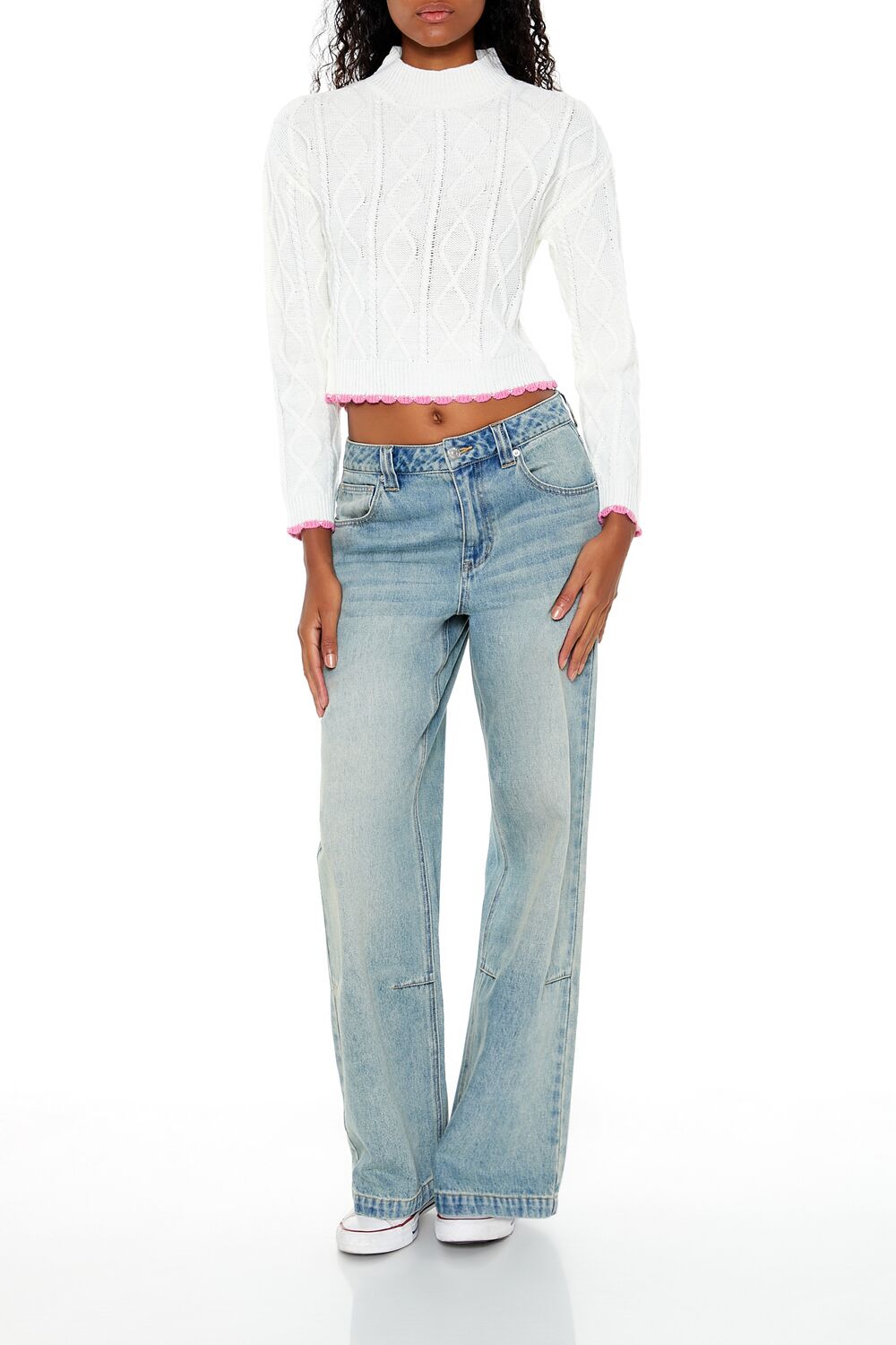  Forever 21 Scalloped Cable Knit Sweater - white pink - Bonton