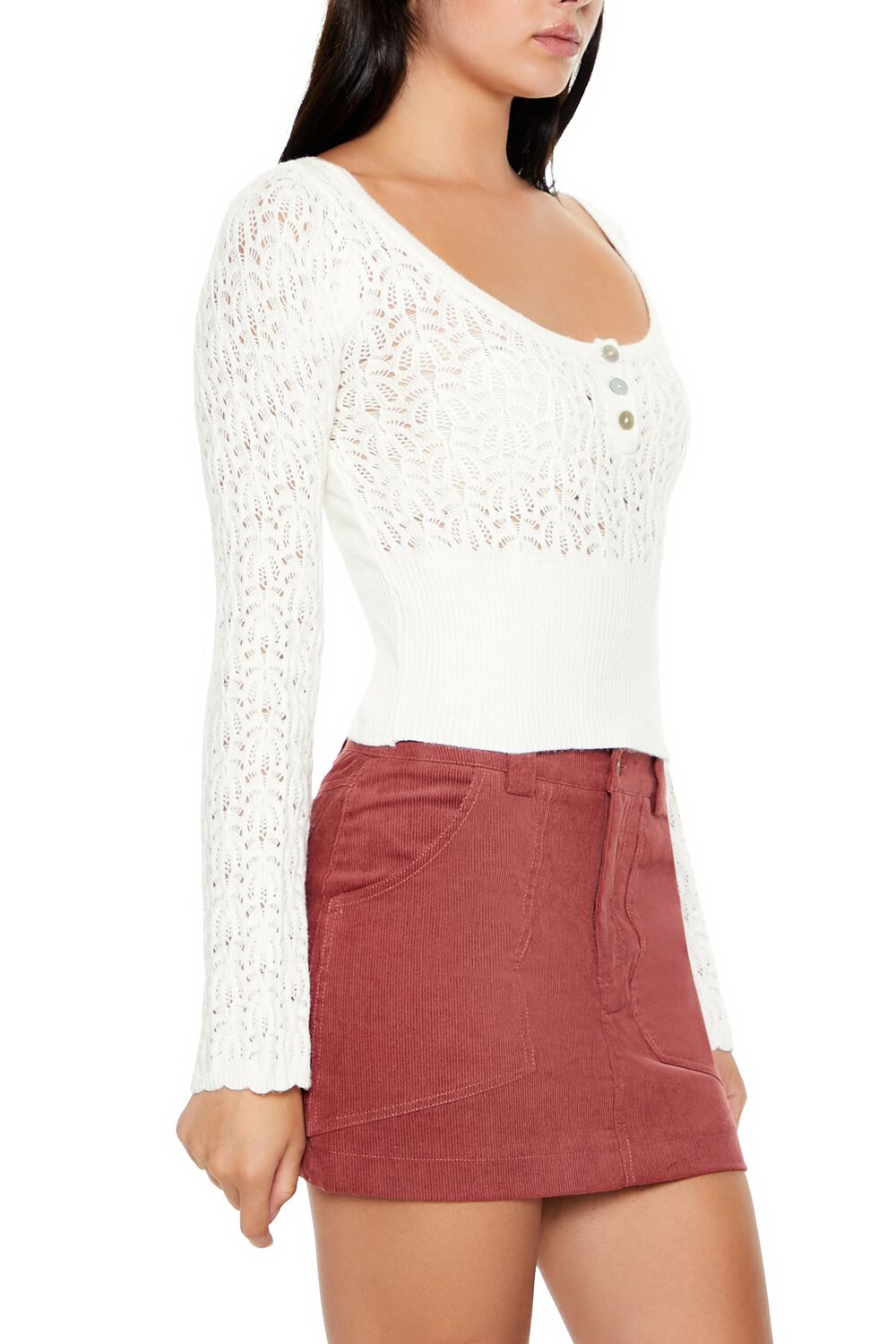  Forever 21 Cropped Pointelle Sweater - cream - Bonton
