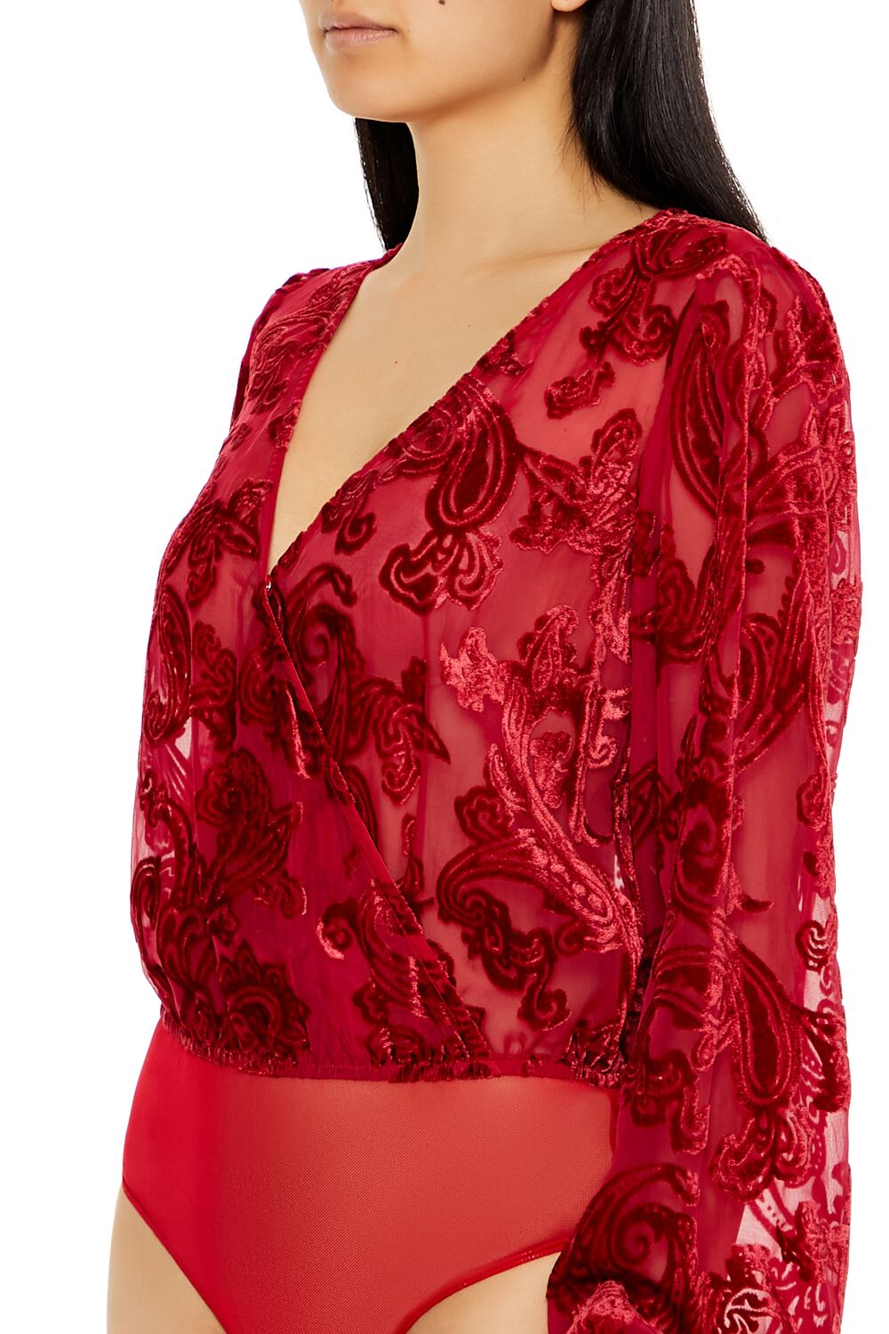 Forever 21 Flocked Paisley Surplice Bodysuit - dark red - Bonton