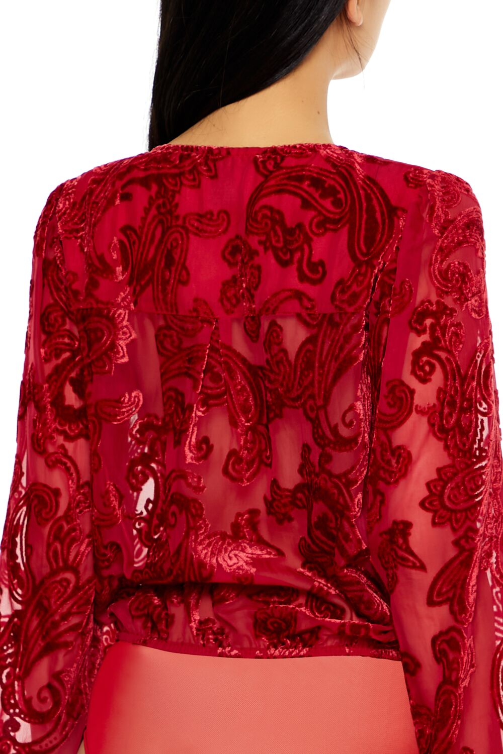  Forever 21 Flocked Paisley Surplice Bodysuit - dark red - Bonton