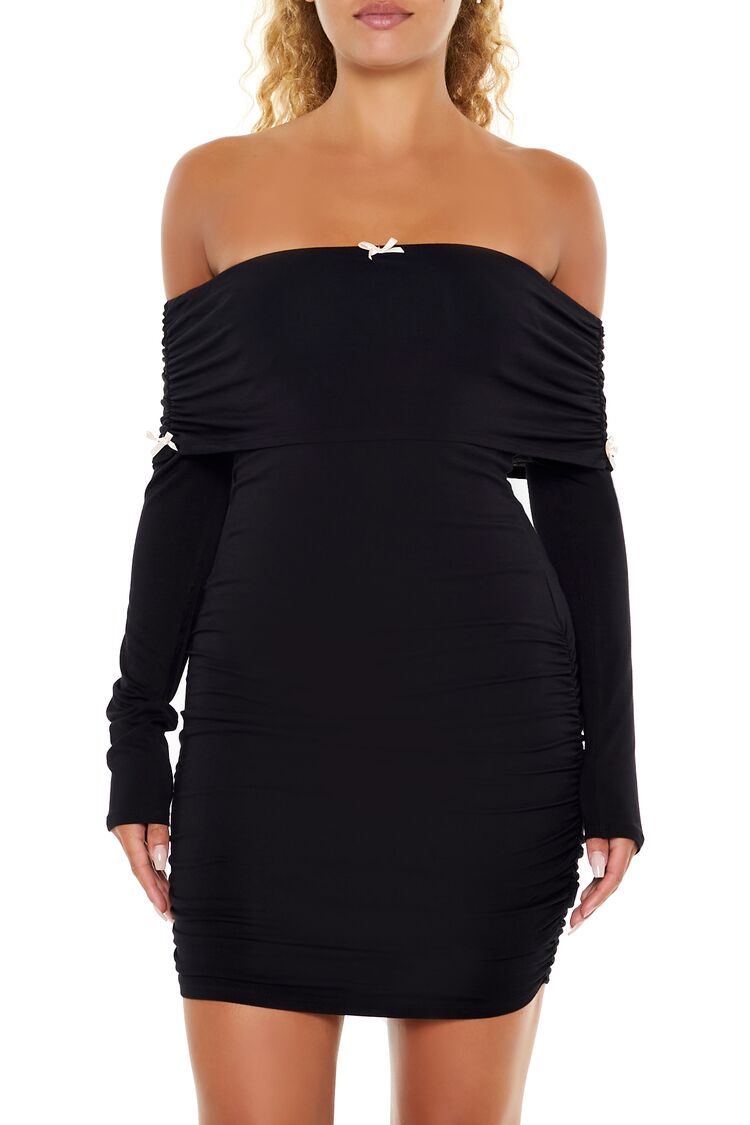  Forever 21 Off-the-Shoulder Bow Mini Dress - black-swatch - Bonton