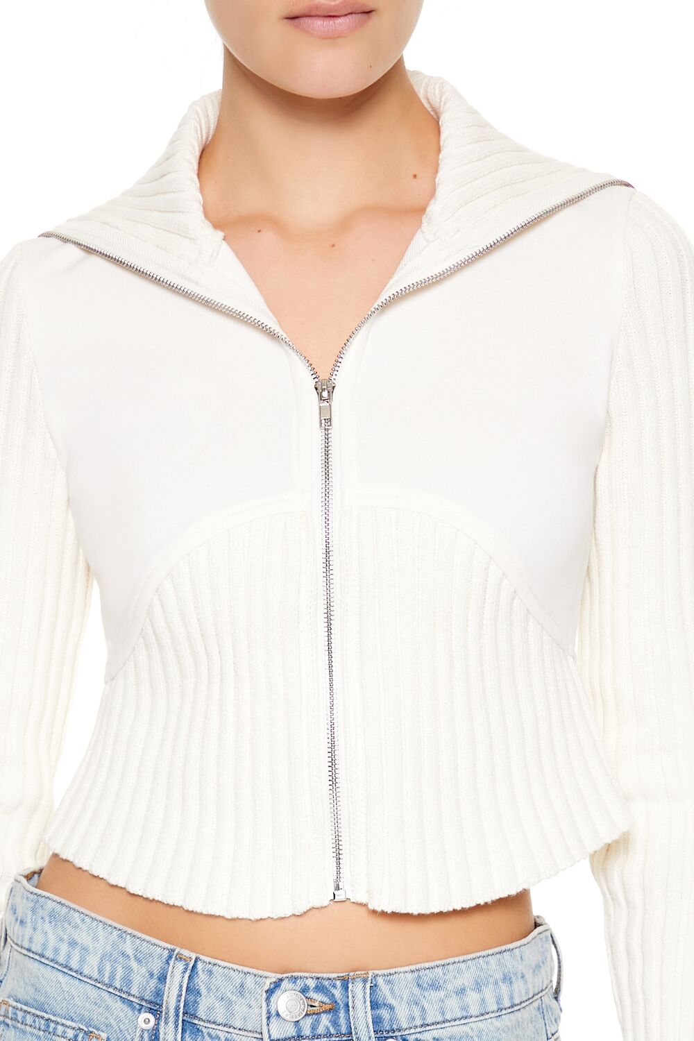  Forever 21 Cropped Zip-Up Sweater - cream - Bonton