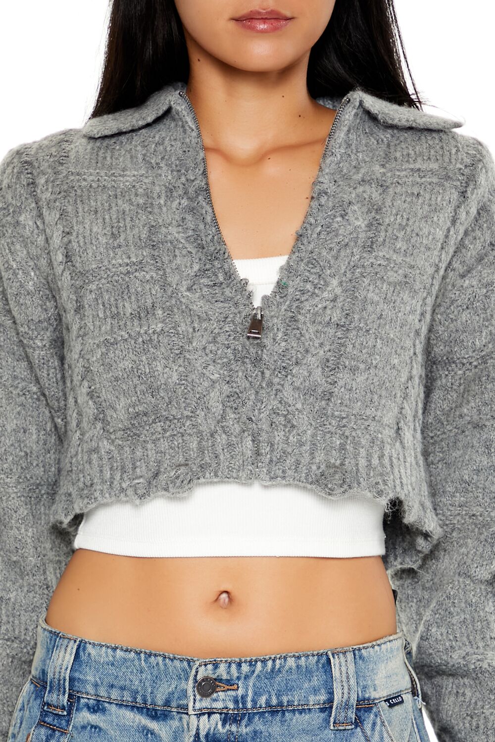  Forever 21 Cable Knit Sharkbite Half-Zip Sweater - dark grey - Bonton