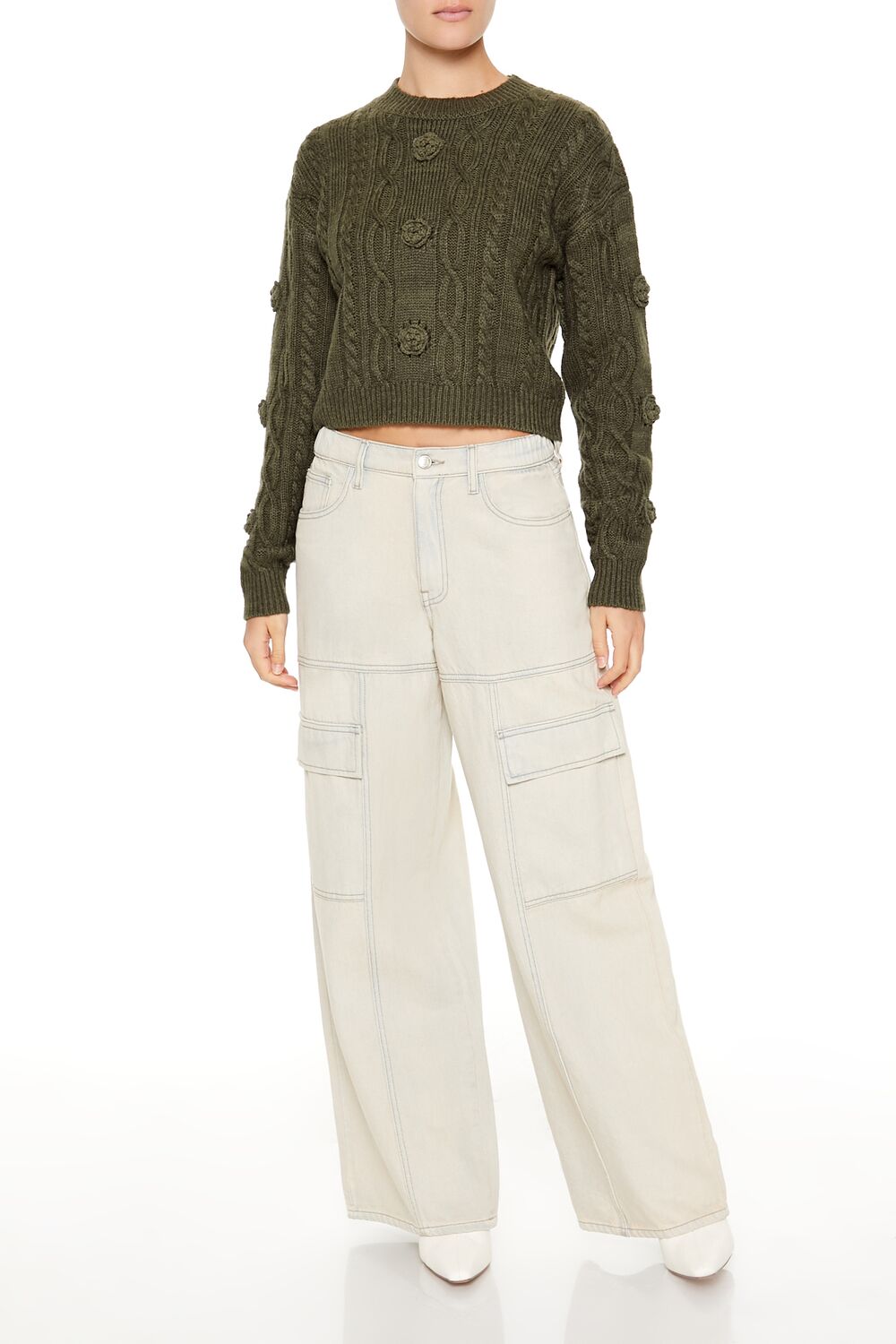  Forever 21 Rosette Cable Knit Sweater - egret - Bonton