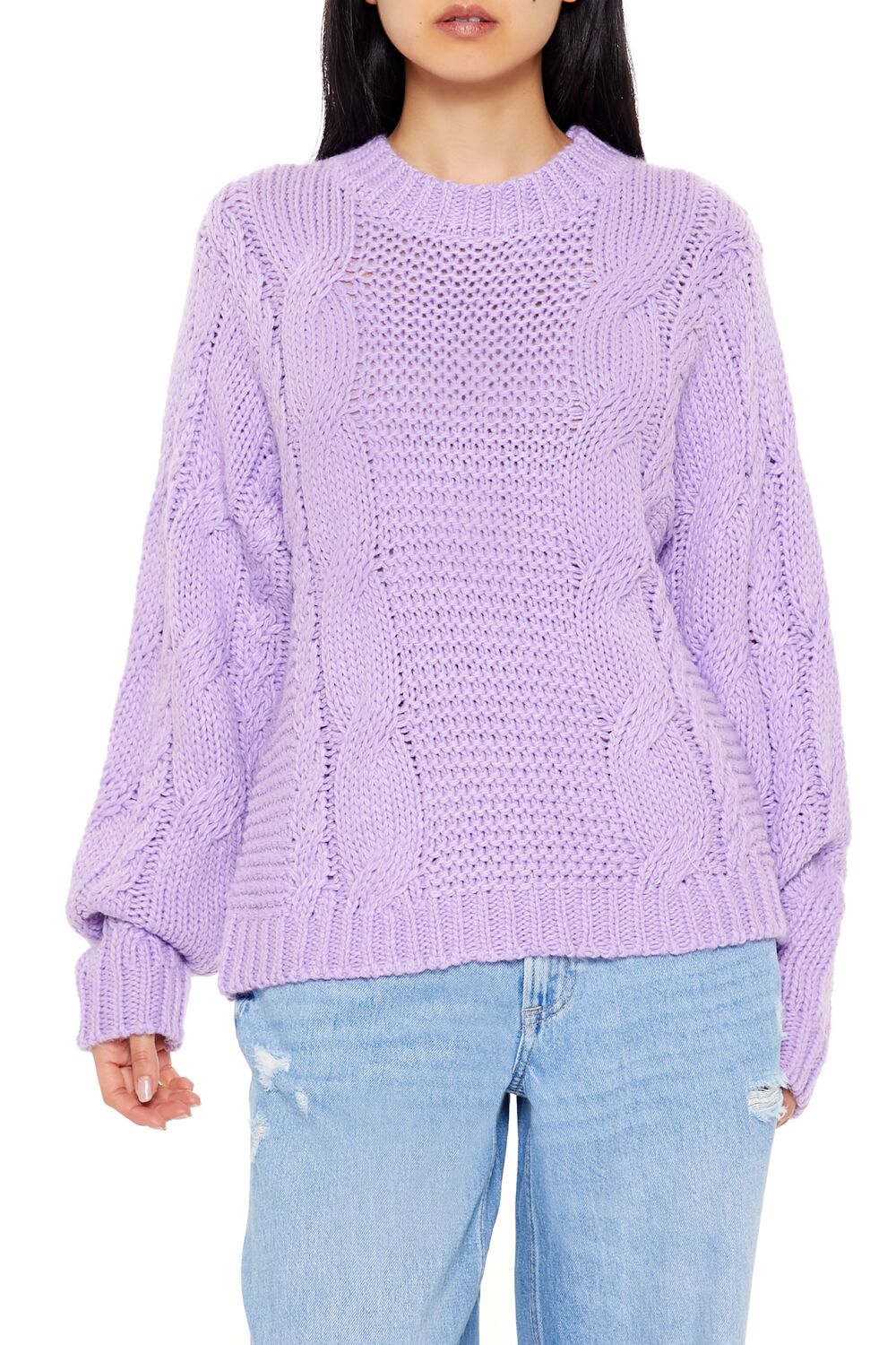  Forever 21 Ribbed-Trim Cable Knit Sweater - purple - Bonton