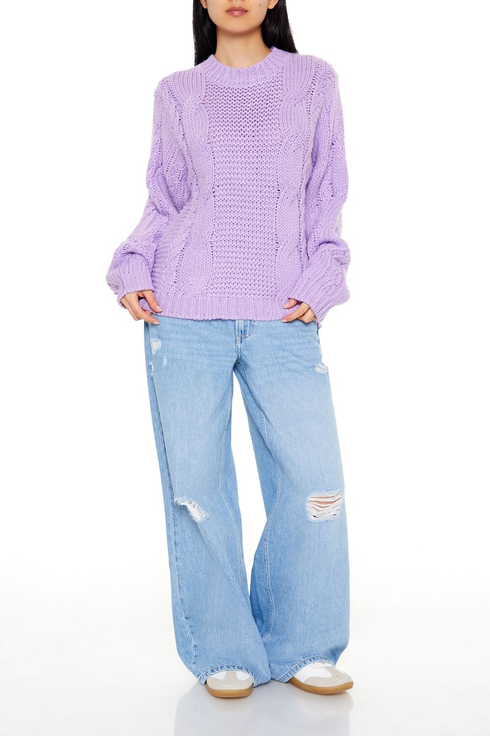  Forever 21 Ribbed-Trim Cable Knit Sweater - purple - Bonton