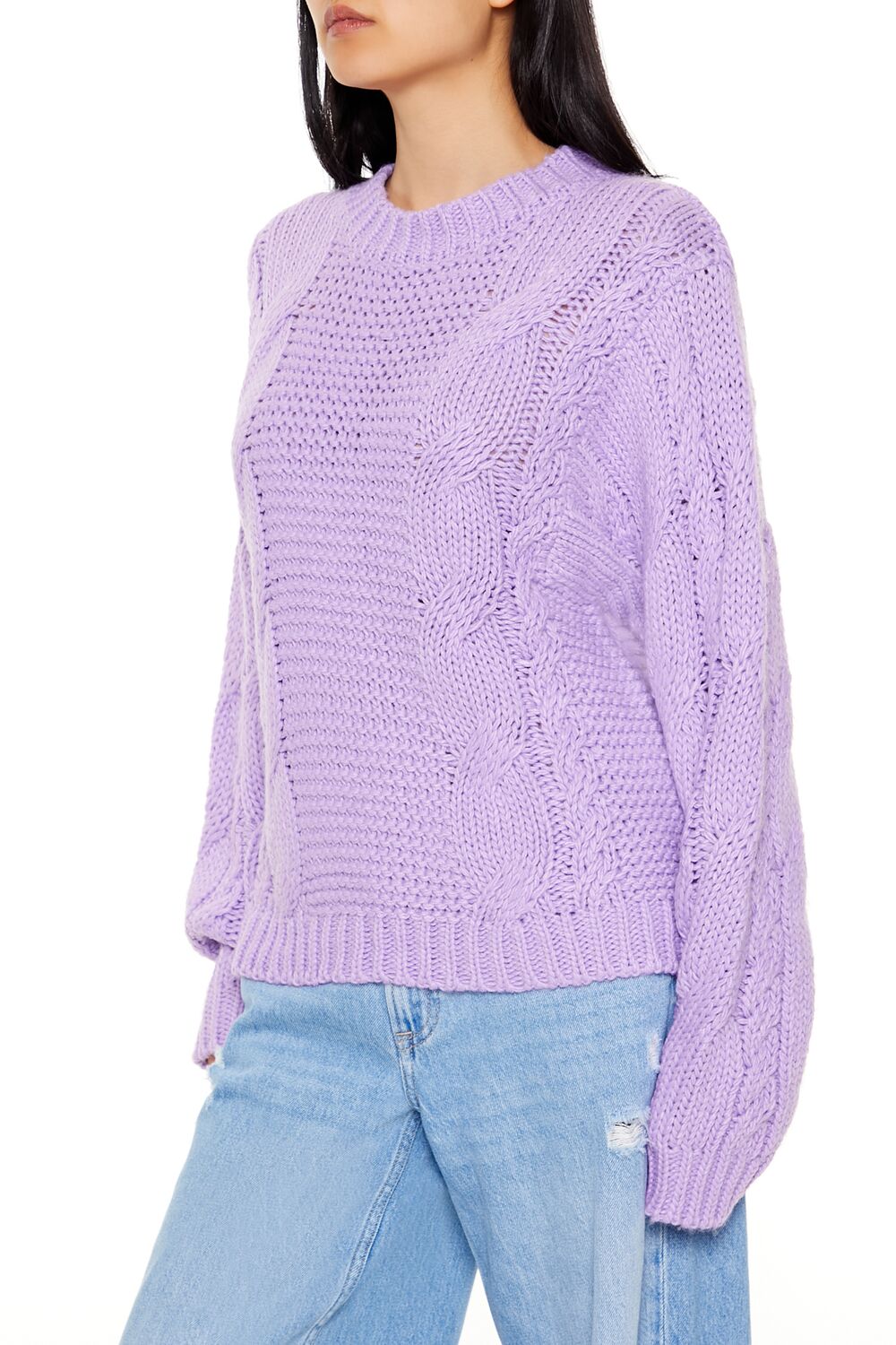  Forever 21 Ribbed-Trim Cable Knit Sweater - purple - Bonton