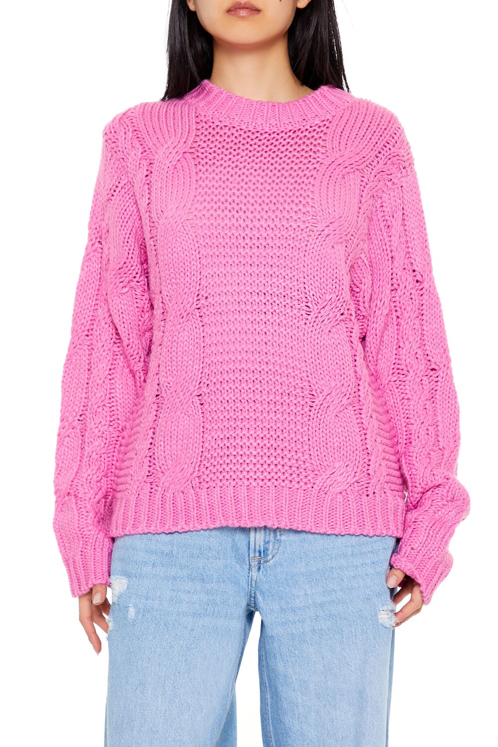  Forever 21 Ribbed-Trim Cable Knit Sweater - purple - Bonton