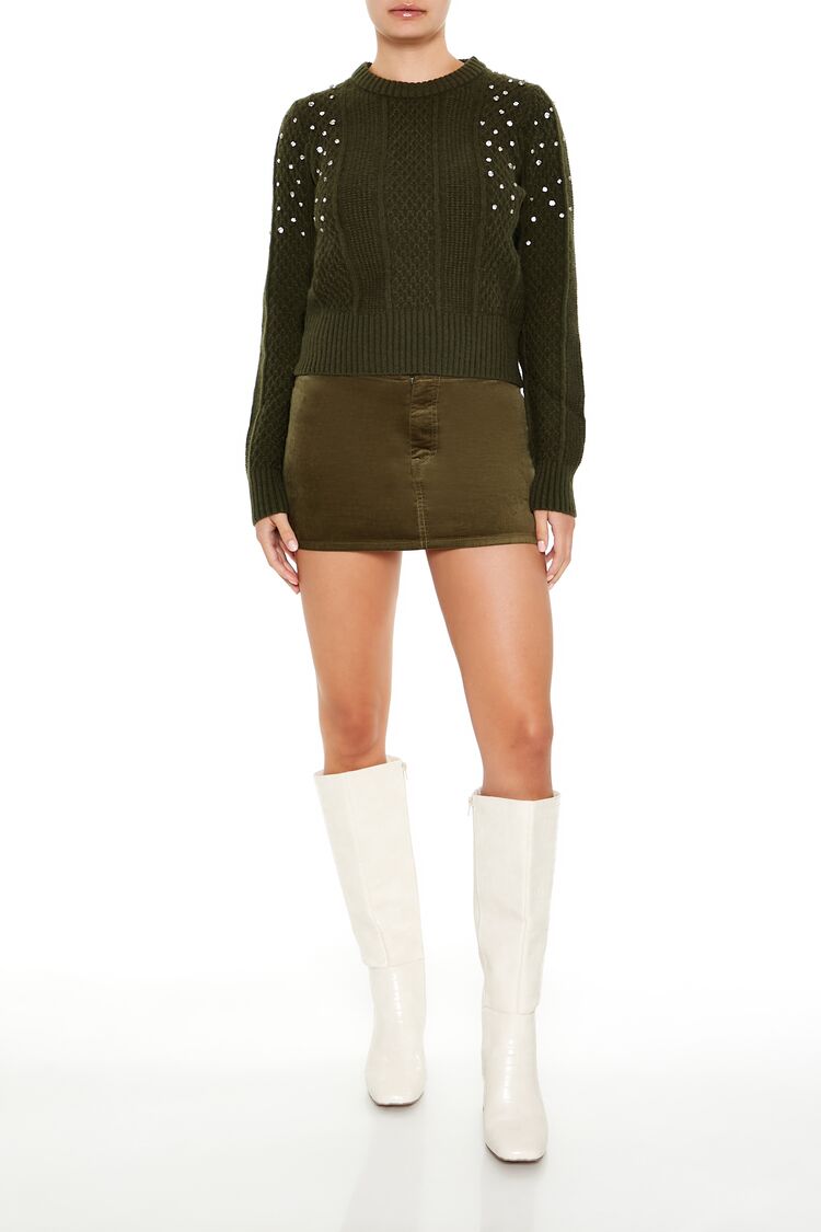  Forever 21 Faux Gem Cable Knit Sweater - olivine - Bonton