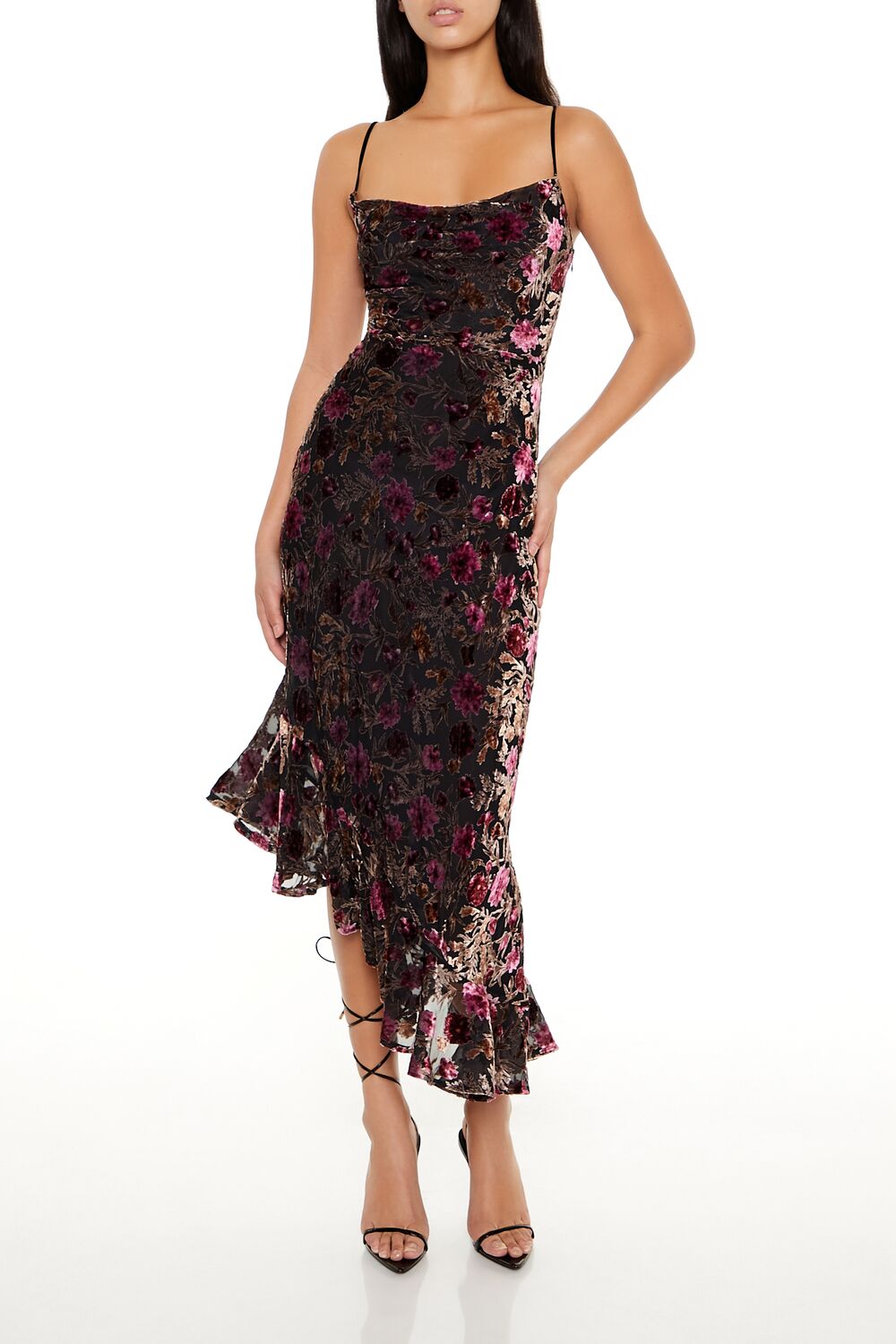  Forever 21 Asymmetrical Floral Midi Dress - black-multi - Bonton