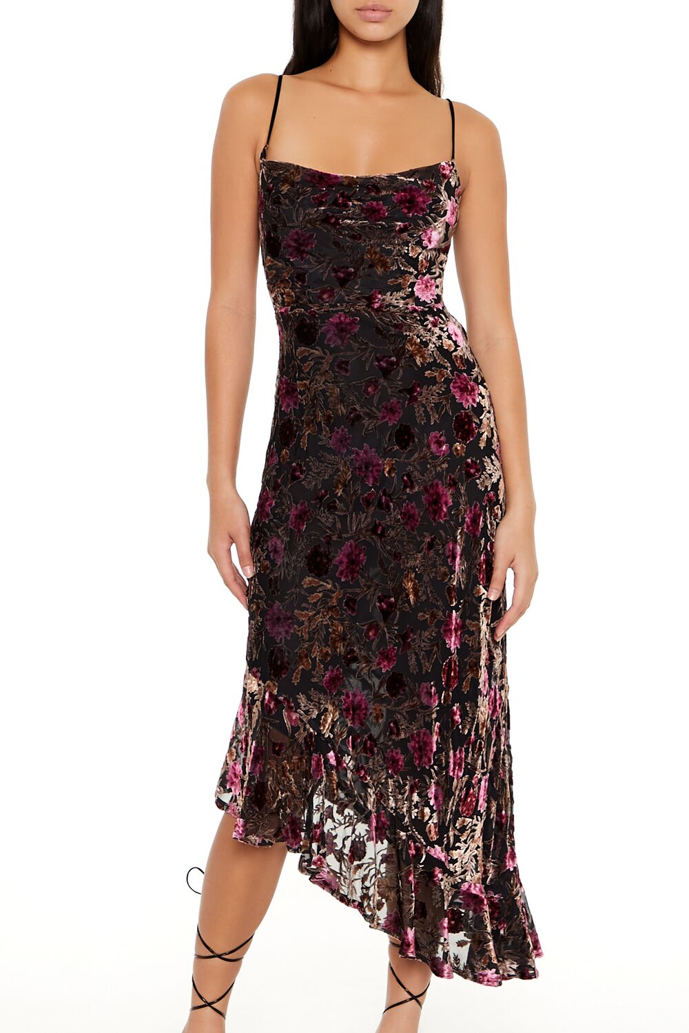  Forever 21 Asymmetrical Floral Midi Dress - black-multi - Bonton