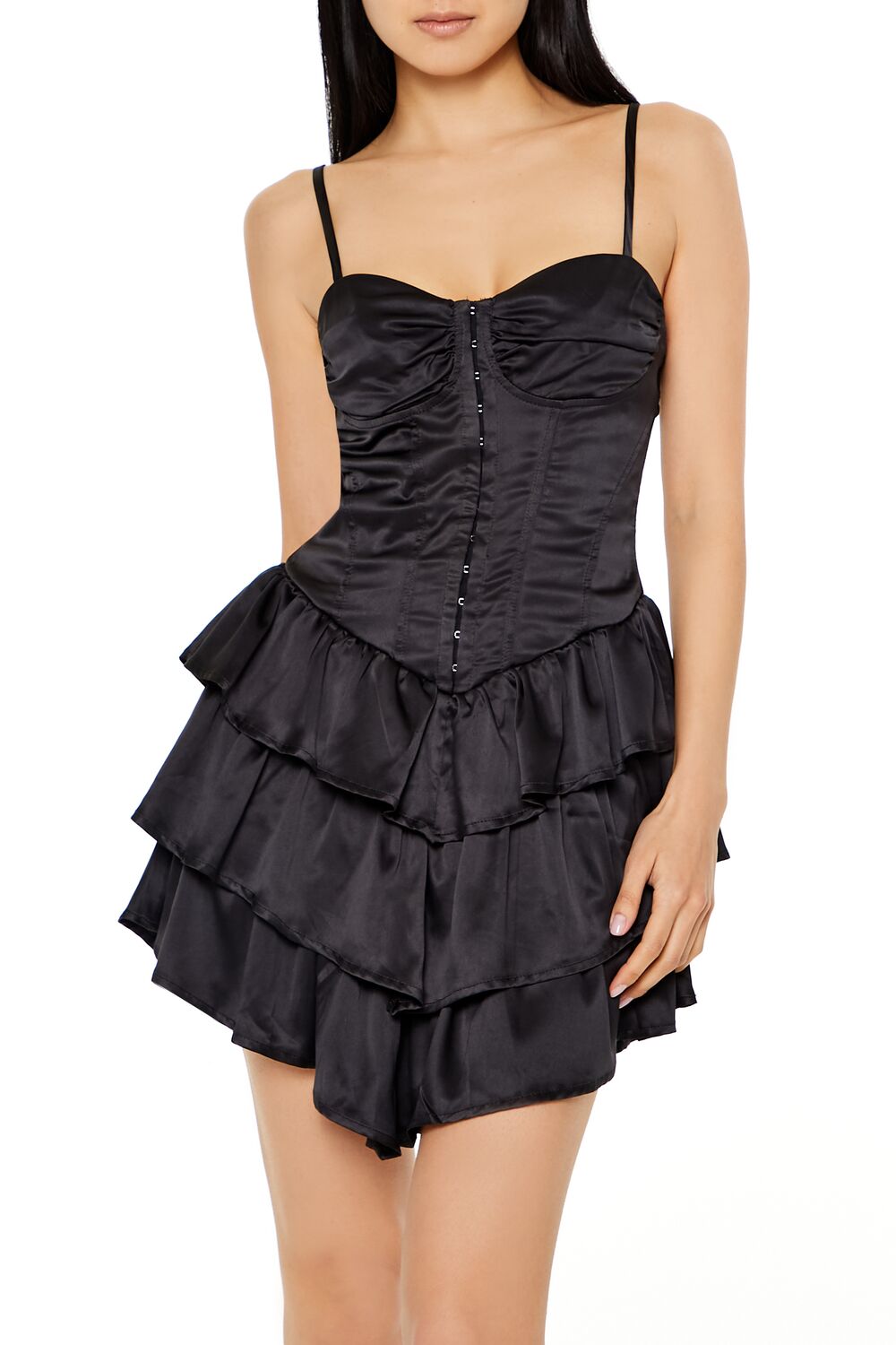  Forever 21 Tiered Satin Corset Mini Dress - black-swatch - Bonton