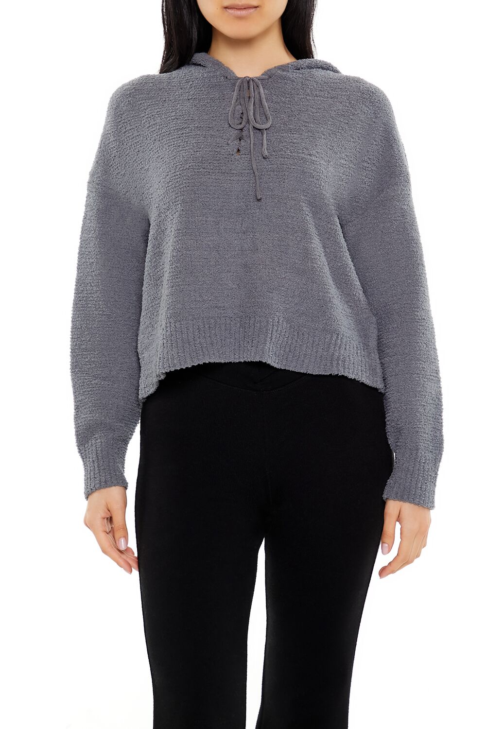  Forever 21 Hooded Lace-Up Sweater - white - Bonton