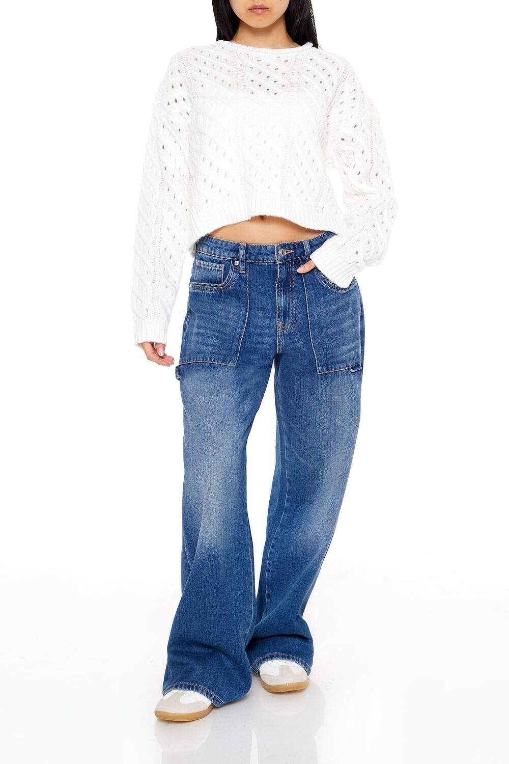  Forever 21 Open Cable Knit Sweater - white - Bonton