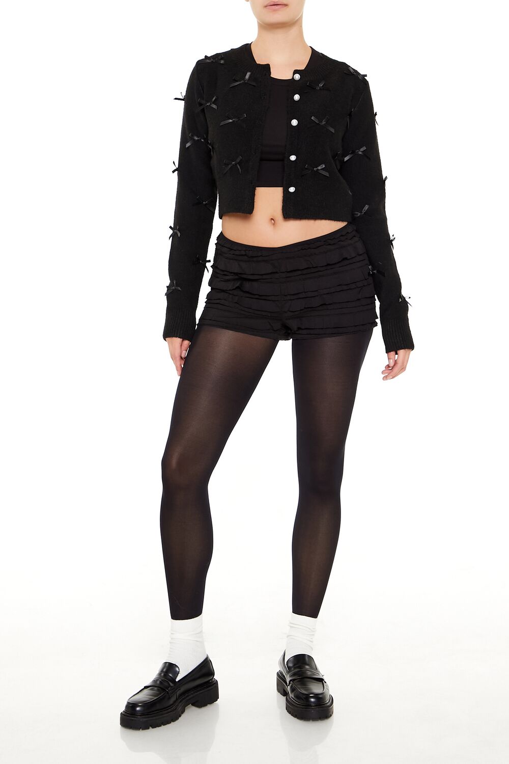  Forever 21 Bow & Faux Pearl Cardigan Sweater - black - Bonton