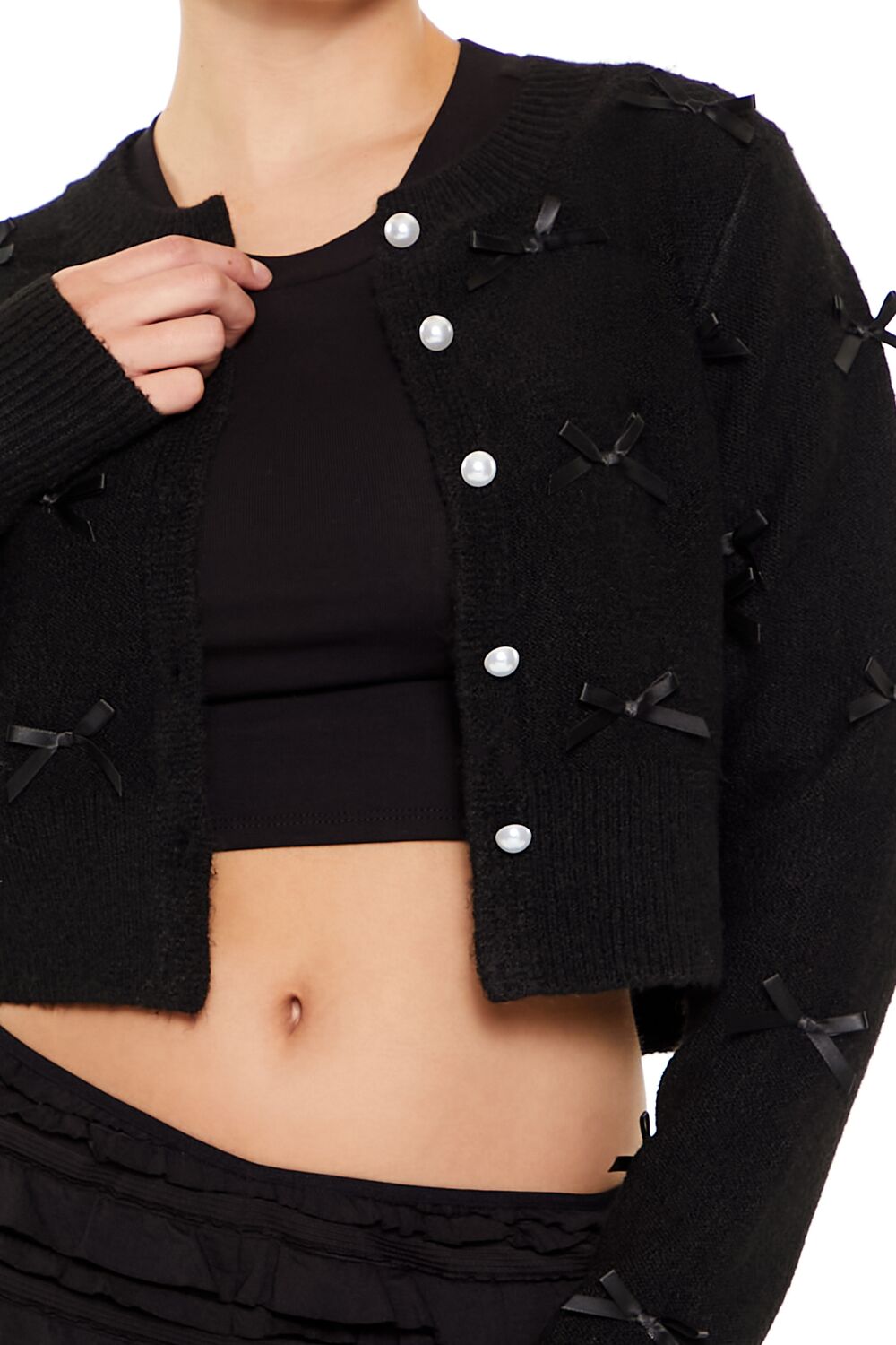  Forever 21 Bow & Faux Pearl Cardigan Sweater - black - Bonton