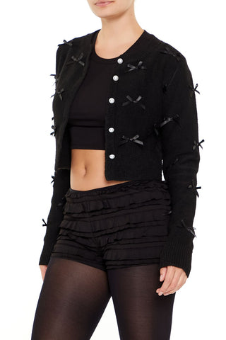 Bow & Faux Pearl Cardigan Sweater