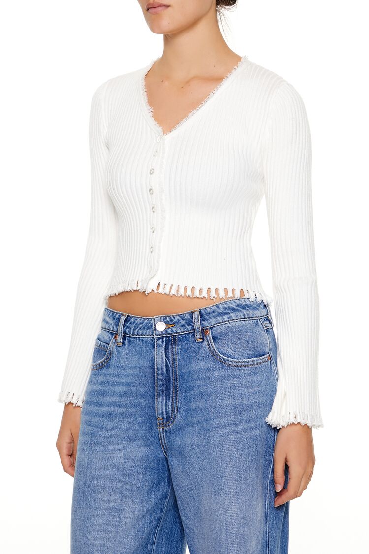  Forever 21 Frayed Cardigan Sweater - egret - Bonton