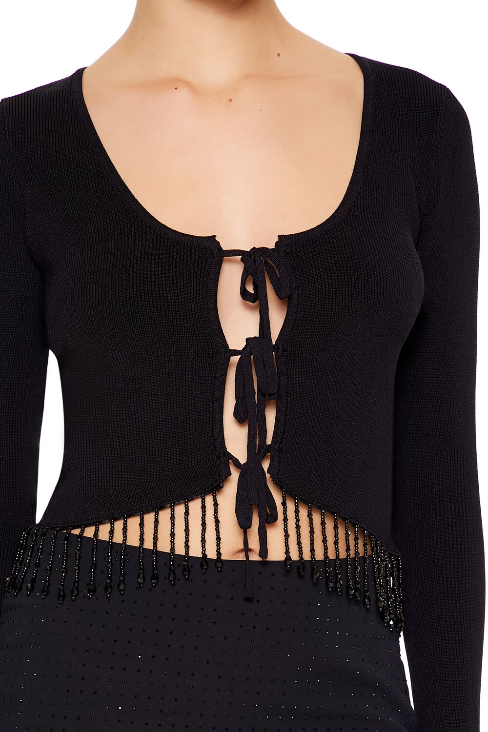  Forever 21 Beaded Fringe Cardigan Sweater - black - Bonton