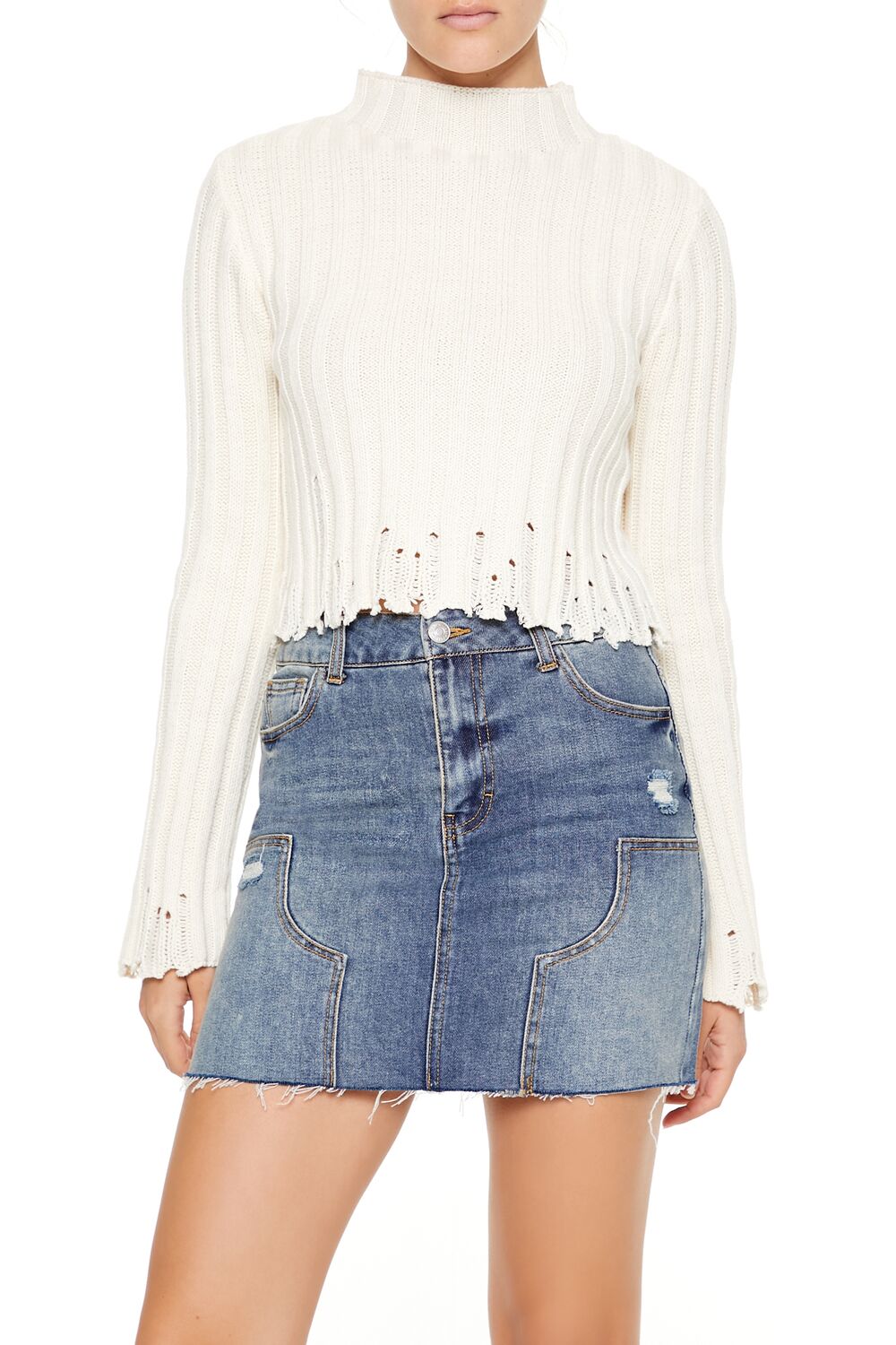  Forever 21 Distressed Mock Neck Sweater - egret - Bonton
