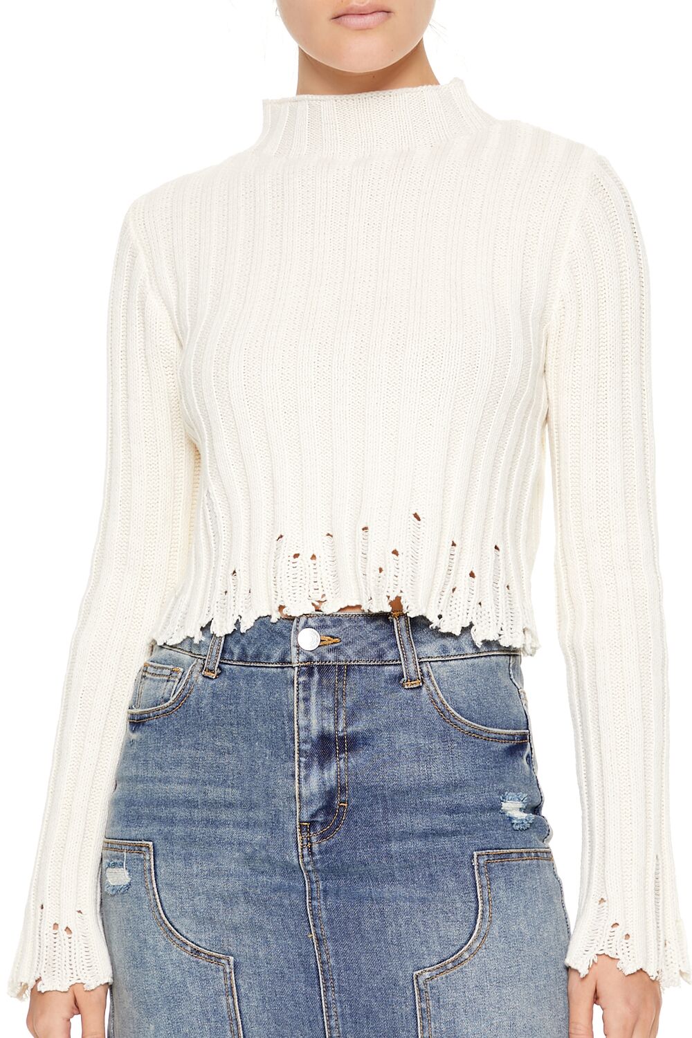  Forever 21 Distressed Mock Neck Sweater - egret - Bonton