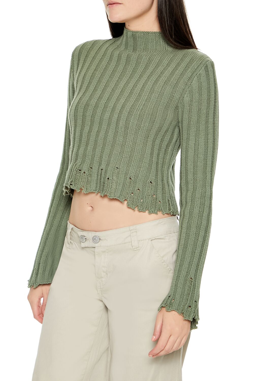  Forever 21 Distressed Mock Neck Sweater - egret - Bonton