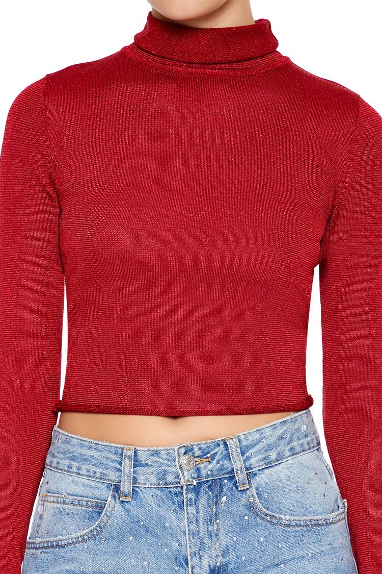  Forever 21 Glitter Knit Turtleneck Crop Top - dark red - Bonton