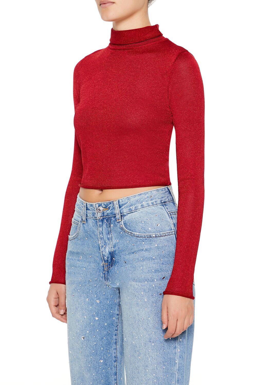  Forever 21 Glitter Knit Turtleneck Crop Top - dark red - Bonton