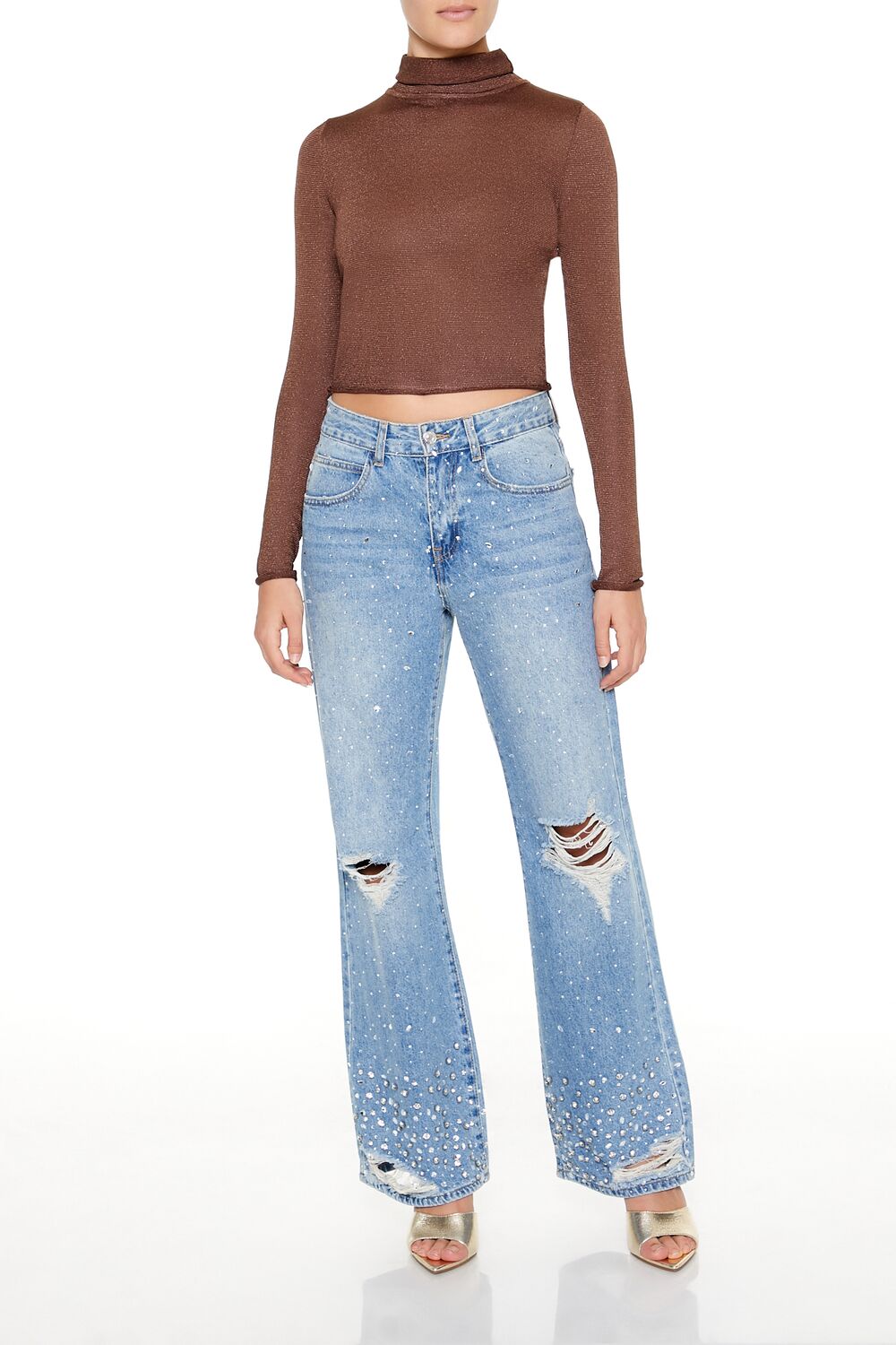  Forever 21 Glitter Knit Turtleneck Crop Top - dark red - Bonton