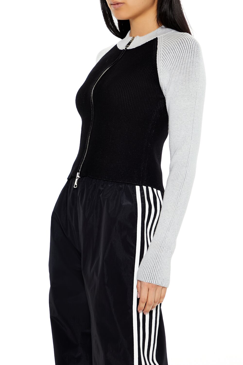  Forever 21 Two-Tone Raglan Zip-Up Sweater - black multi - Bonton