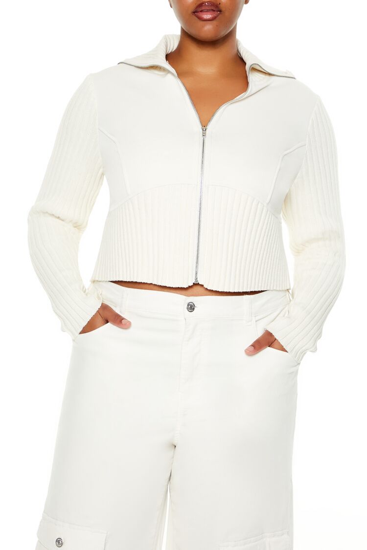  Forever 21 Plus Size Cropped Zip-Up Sweater - cream - Bonton