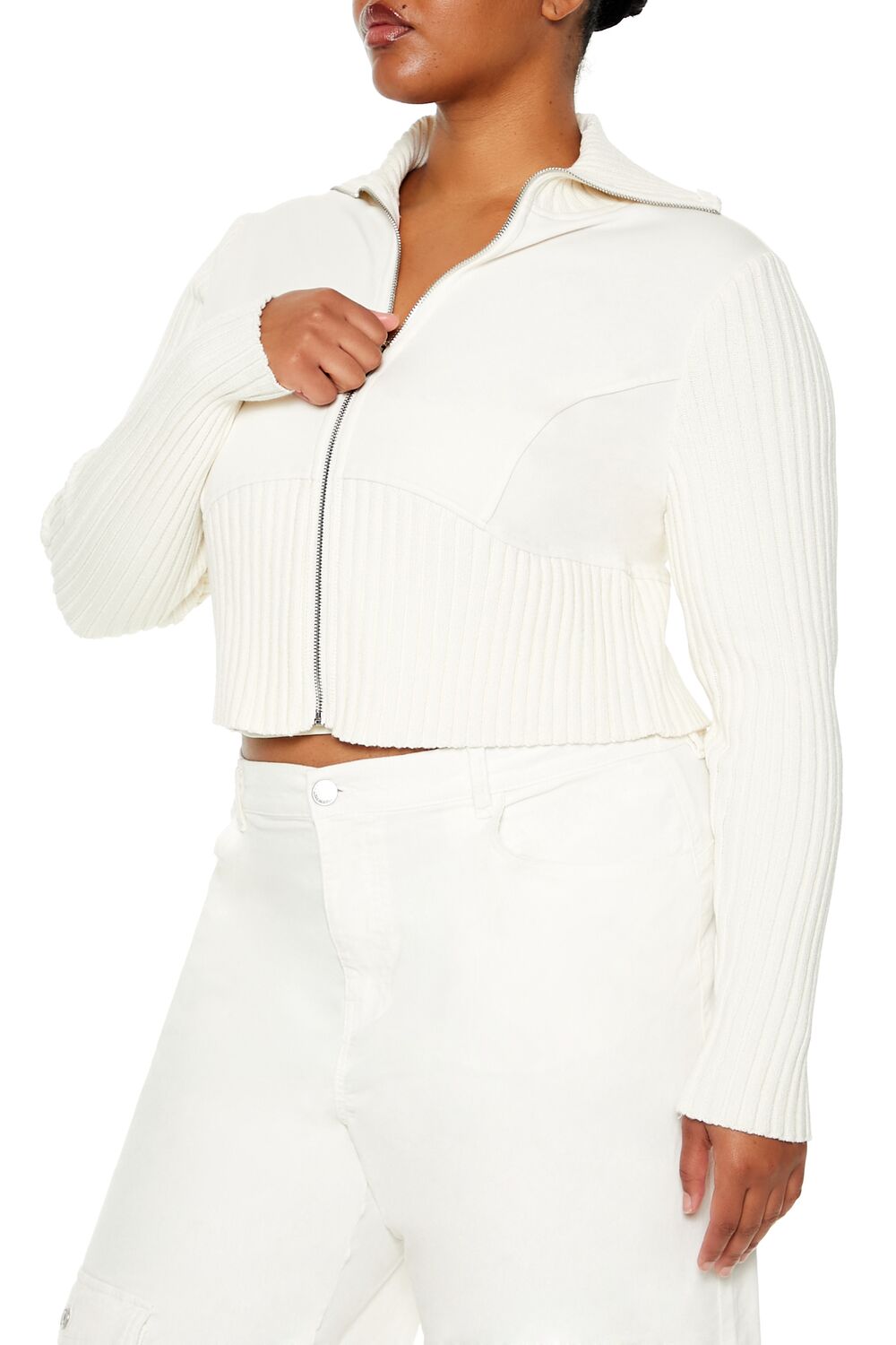  Forever 21 Plus Size Cropped Zip-Up Sweater - cream - Bonton